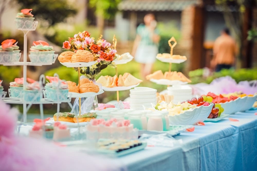 wedding decor hack, colorful food and dessert table decorations