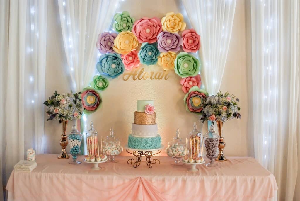 cake and decorations for quinceanera