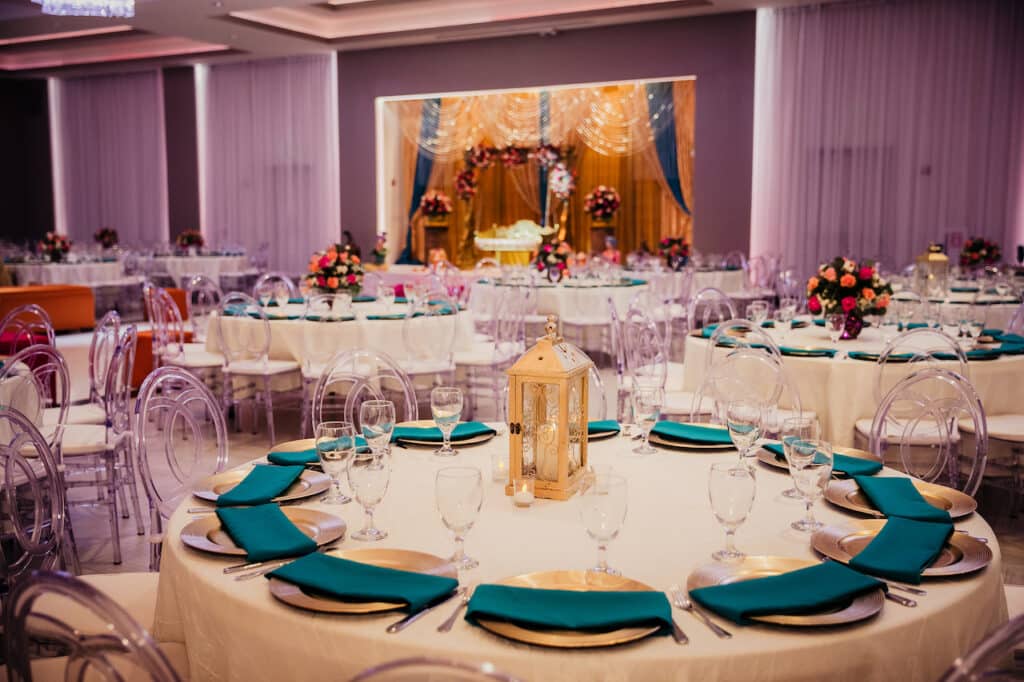 Wedding venue with lanterns on the tables.