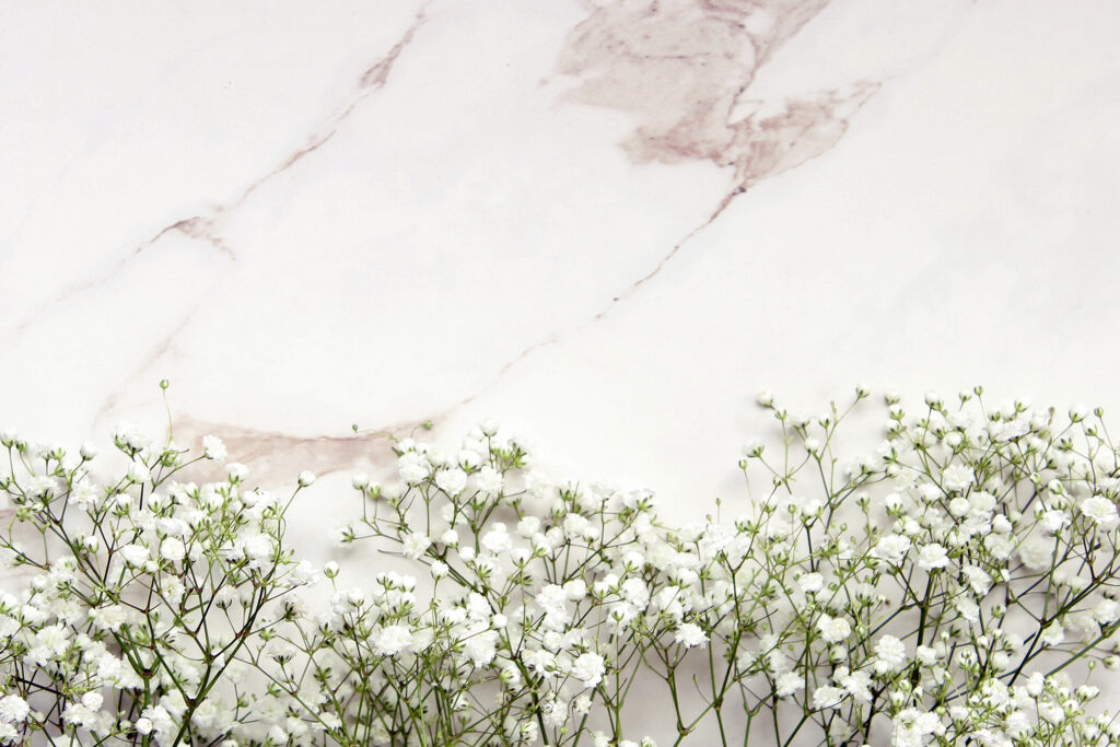 a cluster of baby's breath flowers laying on a marble surface