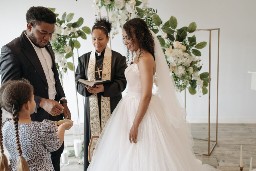 wedding couple getting married in church