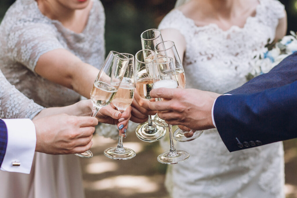 wedding couple toasting with bridesmaids and groomsmen