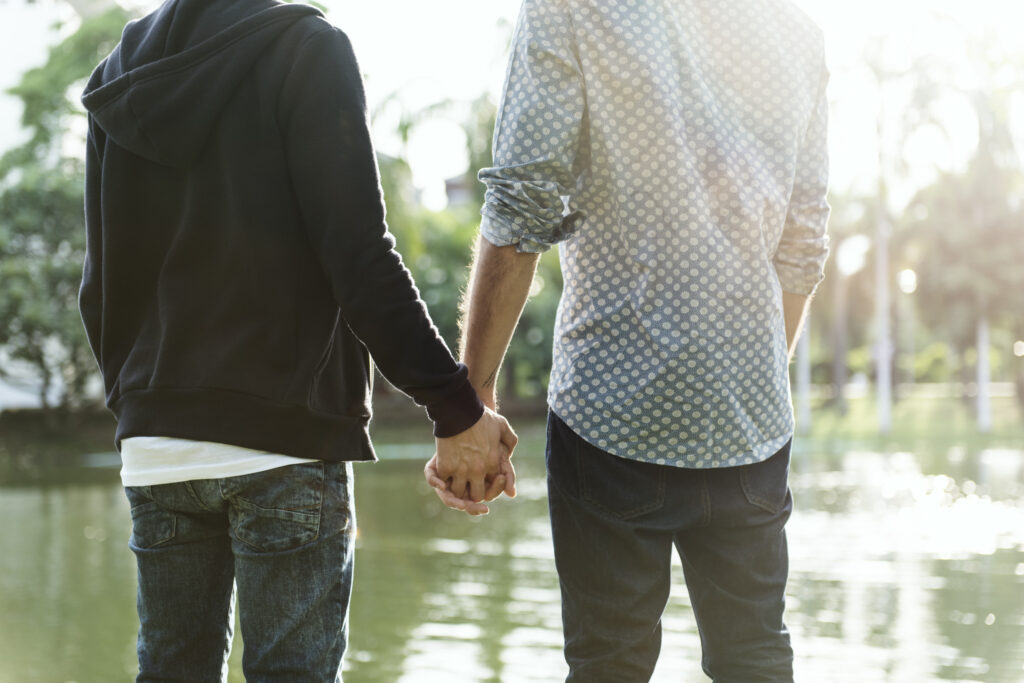 Gay couple holding hands in nature