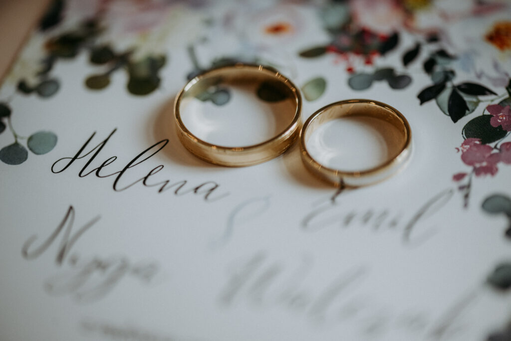 Wedding rings resting on wedding invitation
