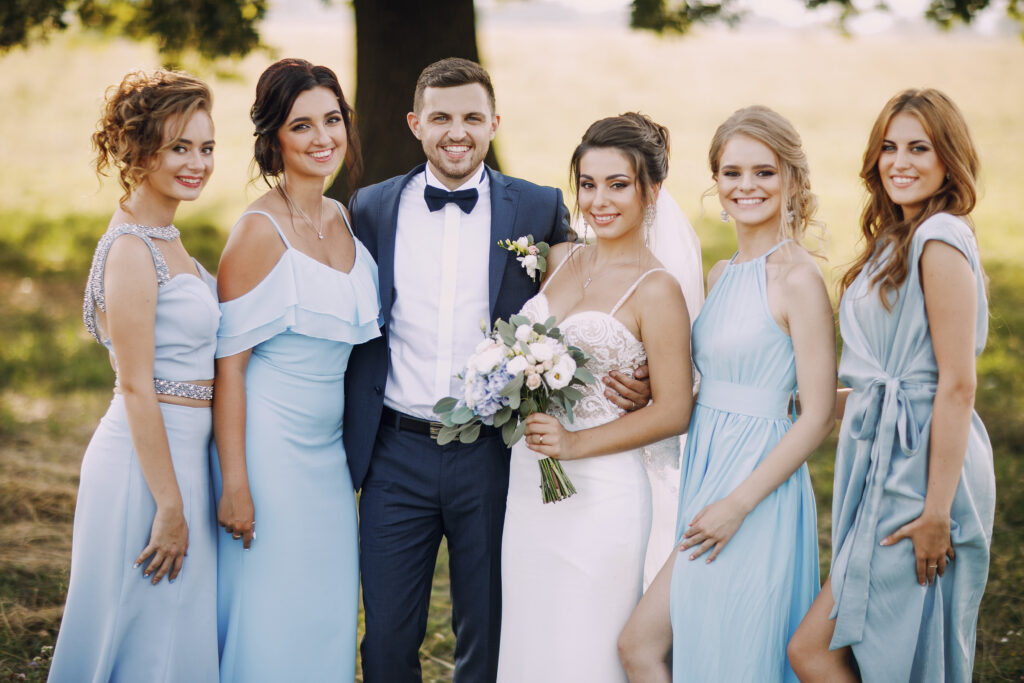 wedding couple with bridesmaids