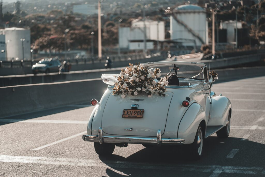 Decorated newlywed car