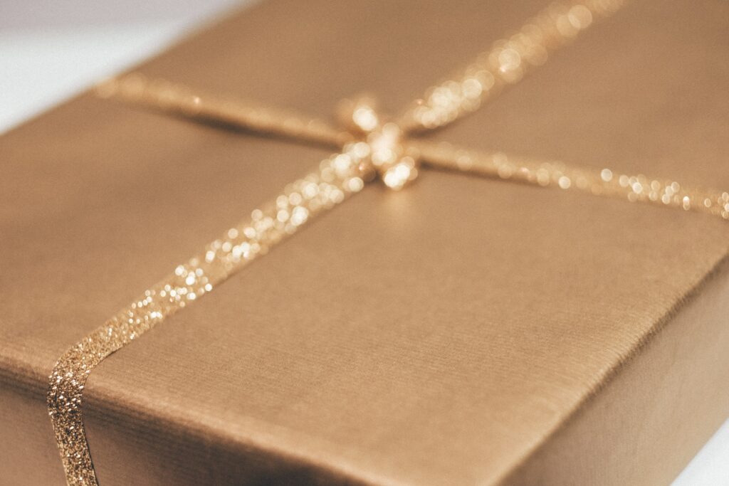 wedding present wrapped in gold paper