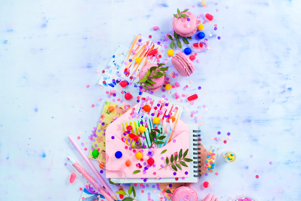 colorful party invitation with confetti
