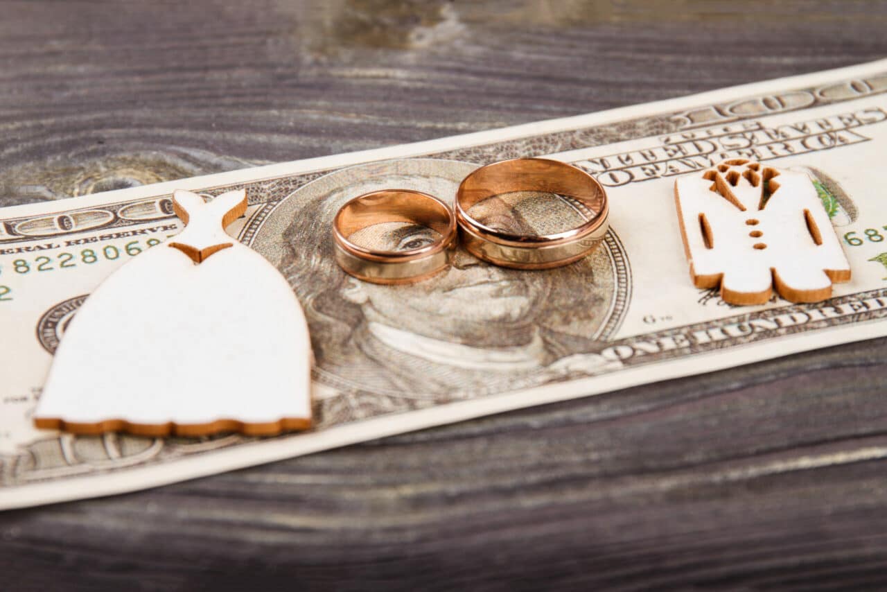 wedding rings on a one-hundred-dollar bill