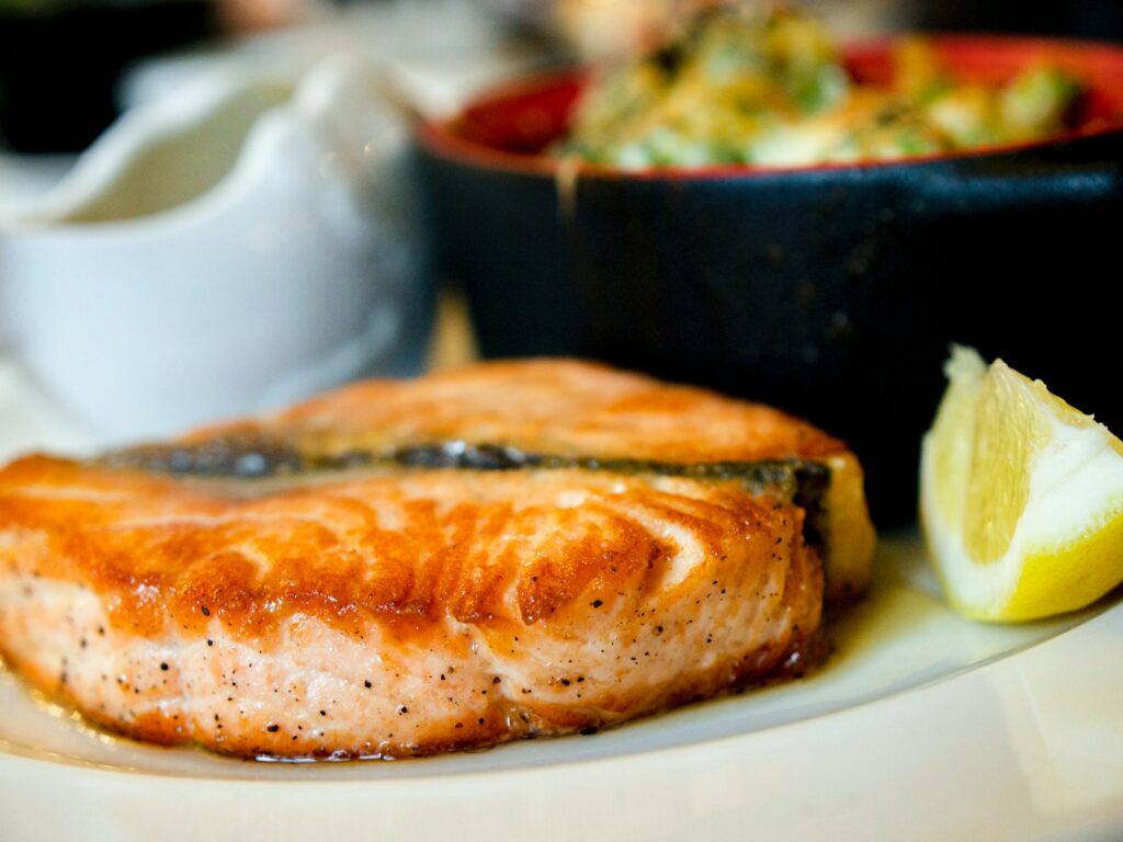 salmon and with lemon wedge
