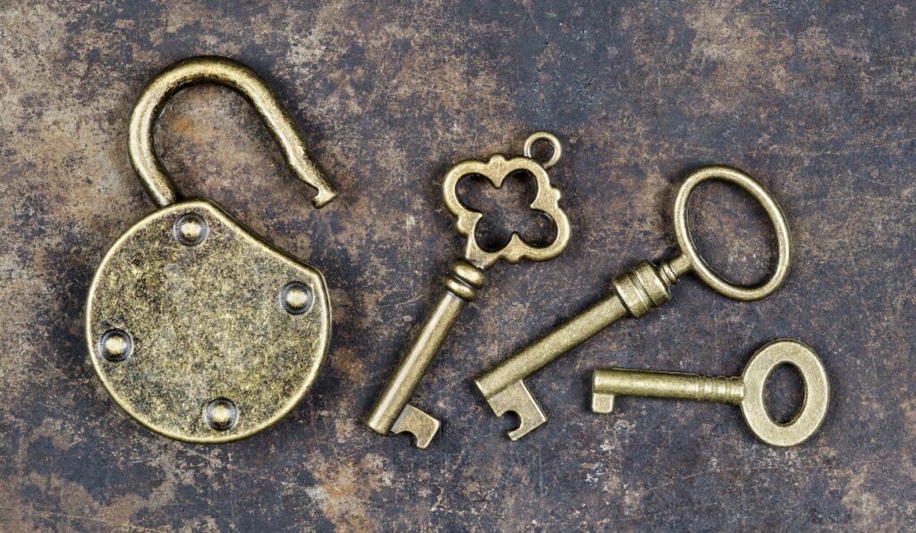 antique padlock and keys escape room game concept