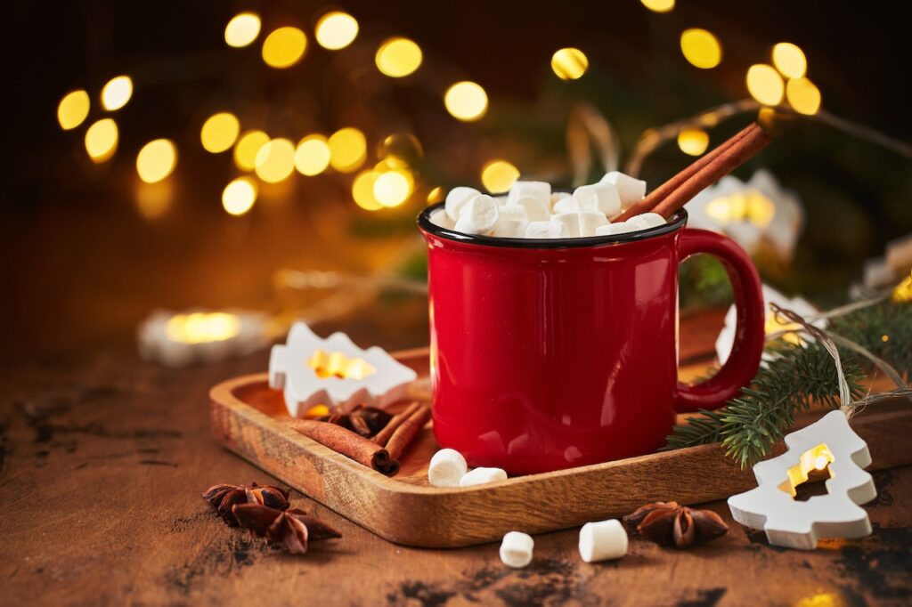 red cup of hot cocoa with marshmallows