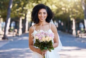 bride portrait with bouquet of roses