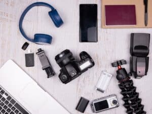 flat lay top view of photography accessories