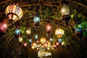illuminated, colorful lanterns and lamps hang on a tunnel ceiling with climbing plants