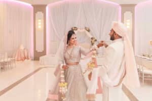 bride and groom in ballroom at Marinaj