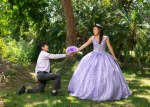 young woman and young man outside in preparation for quinceanera celebration