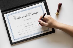 Hand signing on marriage certification