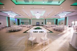 inside of marinaj banquet hall with tables set up