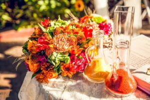 Wedding ritual with colored flowers