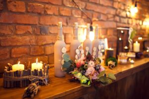 Beautiful table setting with crockery and flowers for a wedding reception