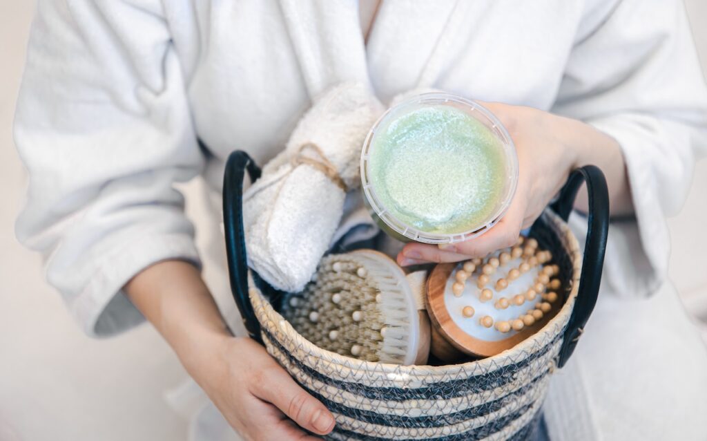 Close up set of spa items, body brushes, and scrubs